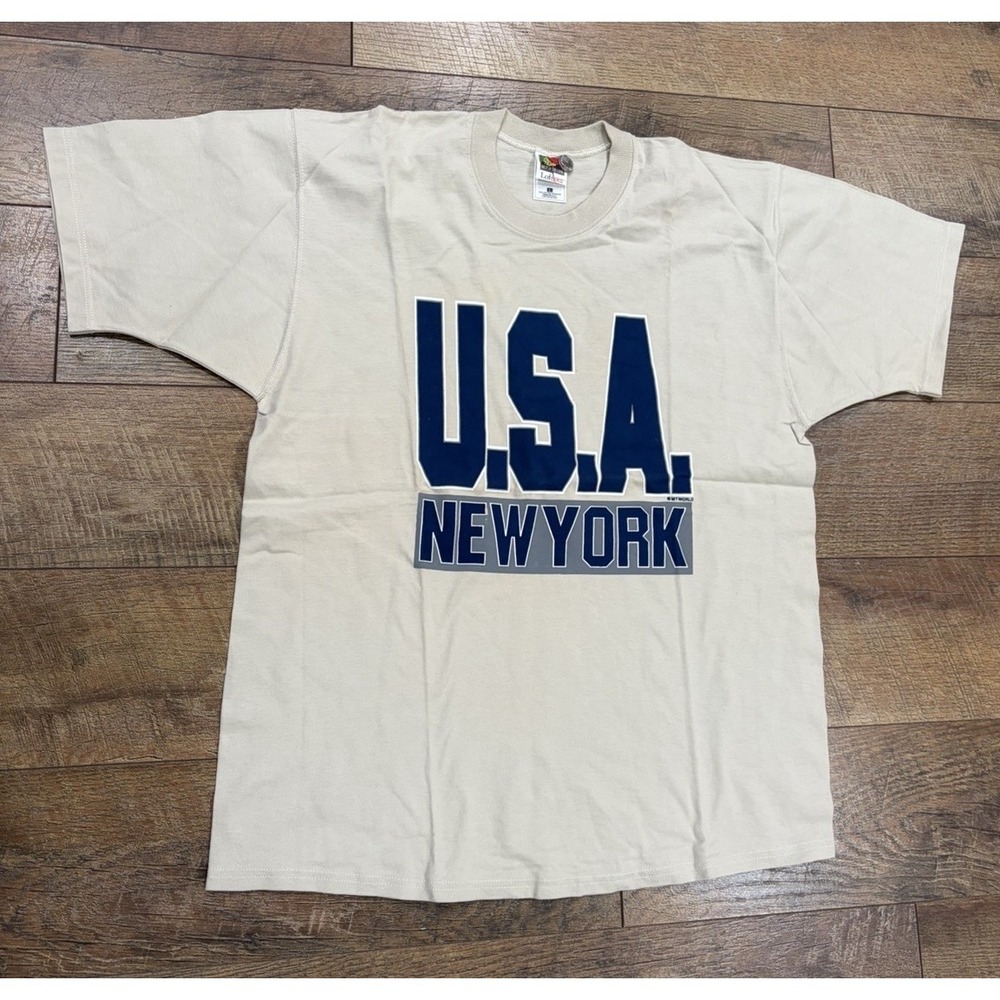 Vintage‎ 90s New York USA Spellout Graphic Tee Tan Navy Blue Large Made In USA